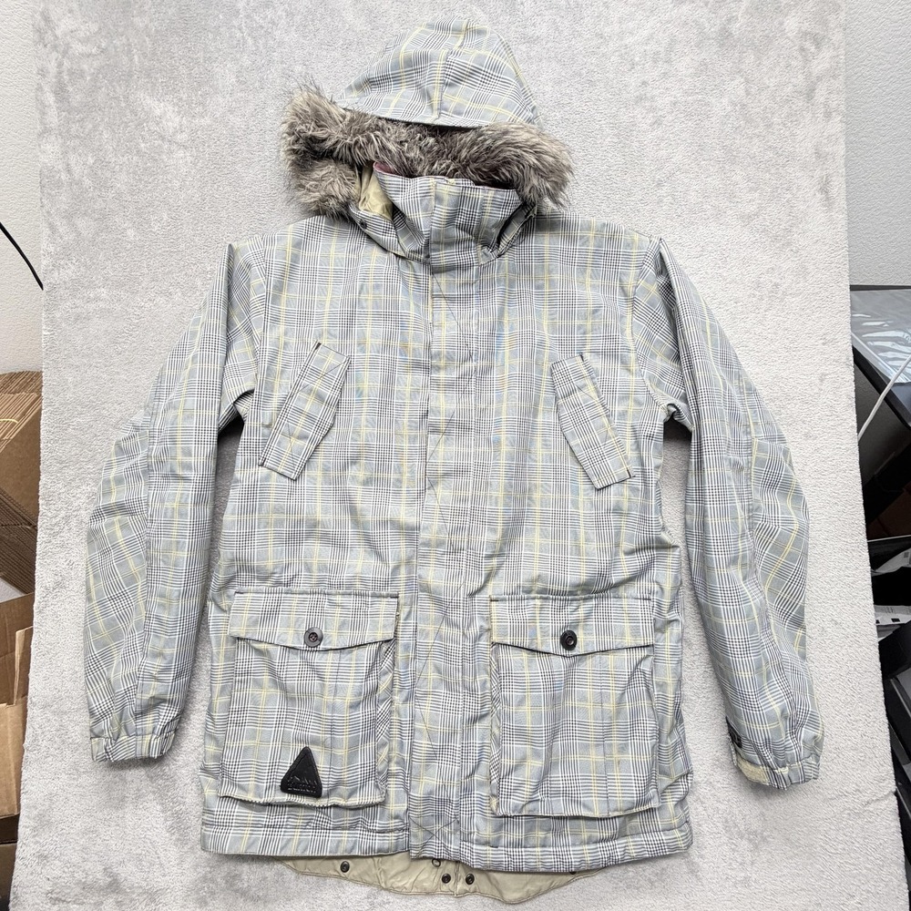 Burton Jacket Mens XL Gray Plaid Parka Hooded Insulated‎ Lined Pockets Fur Ski